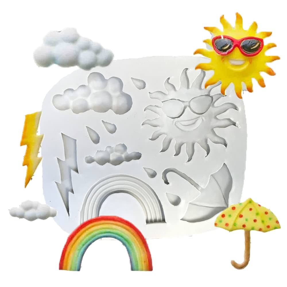 Playing Mold Weather Theme Silicone Mold for DIY Cake Fondant Biscuit Cookies Sugar Pudding Chocolate Hard Candies Dessert Decor Sun Cloud Lightning Rainbow Umbrella