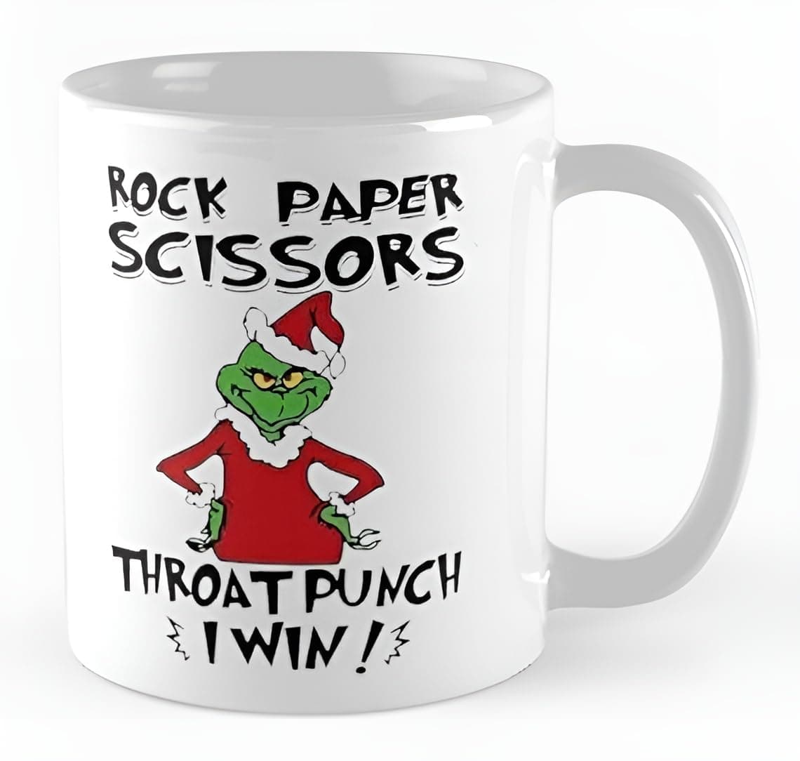Spoil Your Wall Funny Rock Paper Scissors Throat Punch Playing With The Grinch Printed on Ceramic Coffee Mug | Gift for Christmas Festival | Size 11oz | Color White