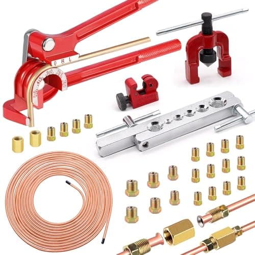 smseace 26Pack 3/16 Inch Brake line kit Include 25 FT Copper-Plated Brake Lines with Fitting(16pcs Fittings,2pcs Union+4pcs Nut) Brake line Bender,Single Flare Tool,Cutter 3/16 Inch Brake line kit