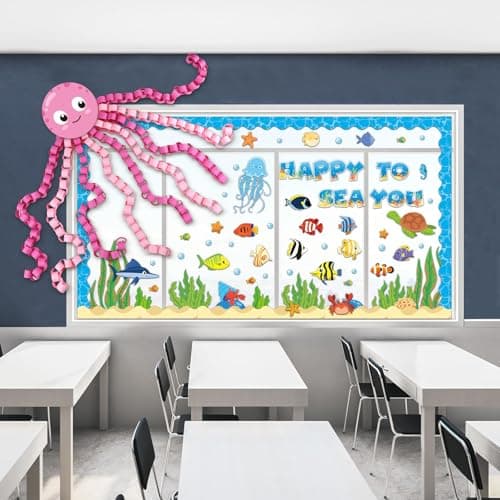 93 Pcs Sea Animal Bulletin Board Summer Classroom Decoration Under the Octopus Cutouts for Kids School Supplies Happy to Sea You Paper Wall Decor Summer Ocean Fish Cardstock Party Decor