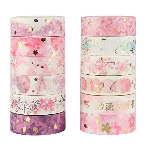 Molshine 12rolls(16.4ft/Roll) Gold Stamping Washi Masking Tape Set,Adhesive Paper,Crafts Tape for DIY,Planners,Scrapbook,Object Beautification Decorative,Collection,Gift Wrapping-Cherry Blossom Story