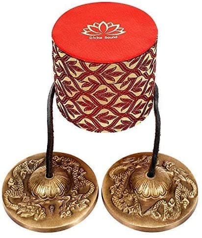 Holy Buddha DRAGON Symbol Mantra engraved Manjira Tingsha Cymbals-Beautiful Gift Box for Meditation,Pray,Yoga,Sound healing, 7.5cm / 3" Tingsha Bell joined by Leather Strap