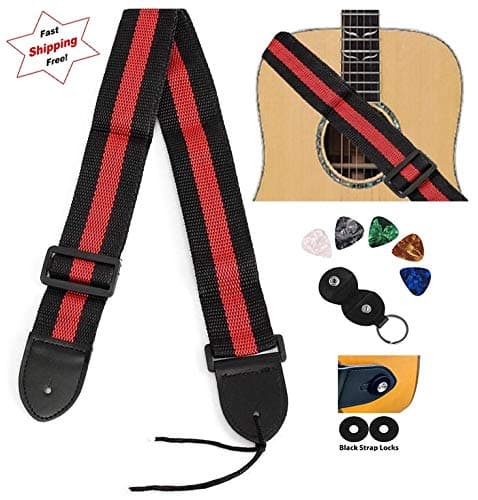 Magik Fulfillment Black Red Guitar Strap Belt For Kids And Adults + Guitar Picks + Strap Locks. SHIPS FAST!