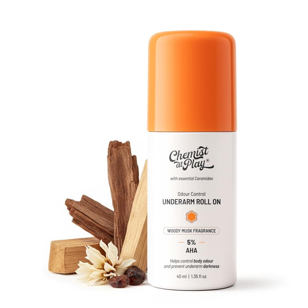 UnderArm Roll-On with 5% AHA| Lactic & Mandelic Acid|Prevents Odour, Brightens Skin & Exfoliates Underarm| For Sensitive Skin|Woody Musk Fragrance| Alcohol & Aluminium Free| 40 ml