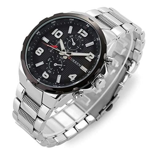 CURRENMen's 8276 Japan Quartz Movement 24-Hours Display Stainless Steel Band Simple Casual Business Watch (White Black)