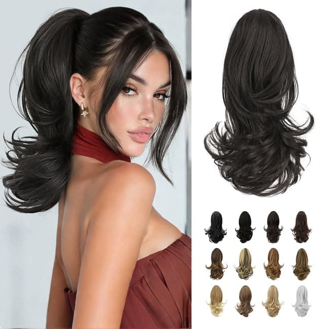 Sofeiyan 13" Ponytail Extension Long Curly Ponytail Clip in Claw Hair Extension Natural Looking Synthetic Hairpiece for Women,Darkest Brown Tend to Black