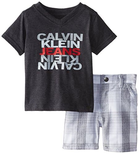Calvin Klein Baby-Boys Infant Black V-Neck Tee with Plaid Shorts