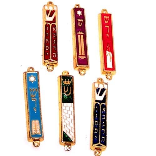 Holylandmarket - Judaica A Set Of 6 Gold Plated Mezuzahs With Different Enameled Themes. Each Is About 3 Inches.