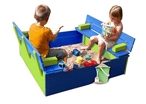 Wooden Sand Pit Moritz 120X120XH30 cm, glazed Apple Green and Blue, with Lid Outdoor Play Wooden Sand Pit and Bench Seat – Burrowing Box Sandbox, Tables and Chairs in Garden World Latches Berger