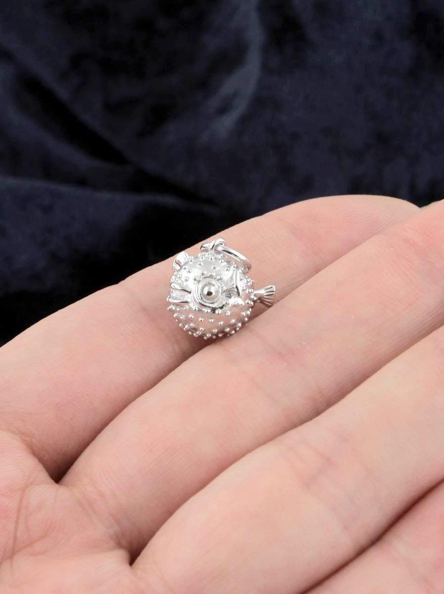 Sterling Silver Rhodium Plated Little 3D Puffer fish Sea life Charm Necklace ocean marine diver Jewelry