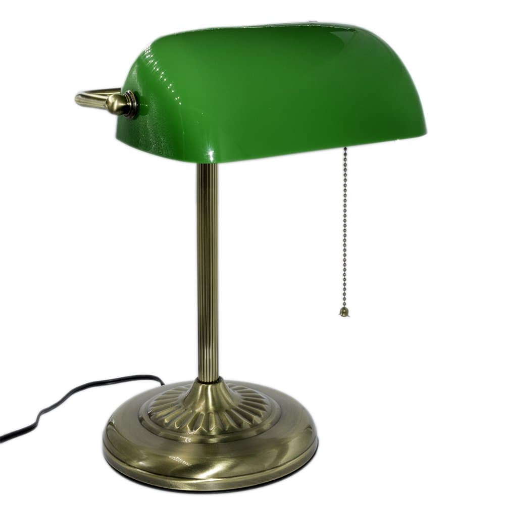 RUDY Bankers Desk Lamp 15"H, Green Glass Shade with Brushed Gold Finish Straight Brass Base