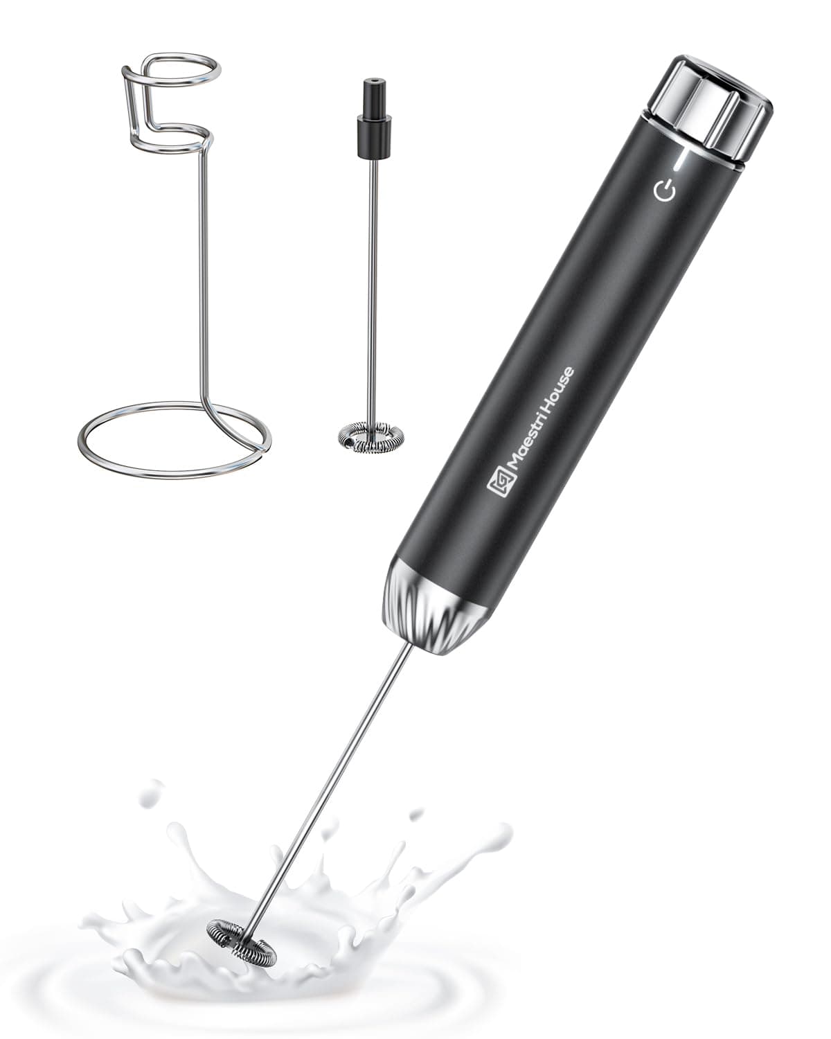 Maestri House Rechargeable Milk Frother with Stepless Speed Control, Handheld Electric Foam Maker Waterproof Drink Mixer Foamer with Stainless Steel Stand & Detachable Whisks for Lattes, Cappuccino