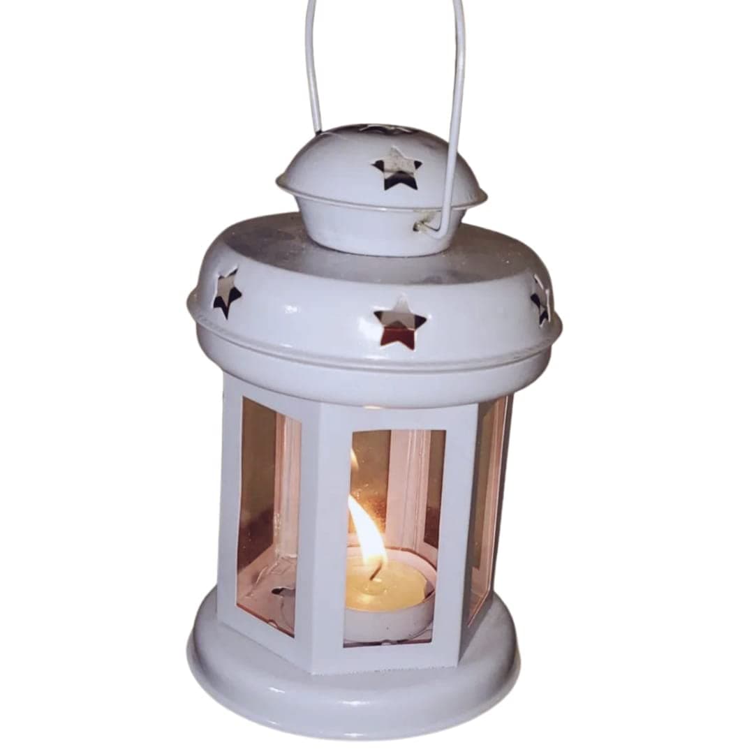 Global Home Decor Hanging Moroccan Candle Lanterns 6 Inch Height Decorative Tea Light Candle Lantern Holder in Metal and Glass for Modern Home Office Decor (Blue)