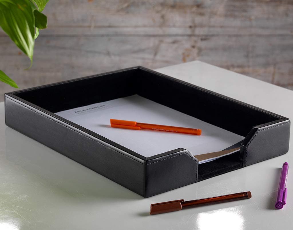 ZALE YARDLEY Letter Tray, Genuine Leather A4 Paper Tray, Document, Magazine, Office File, Organizer, Desk Tidy (Black)