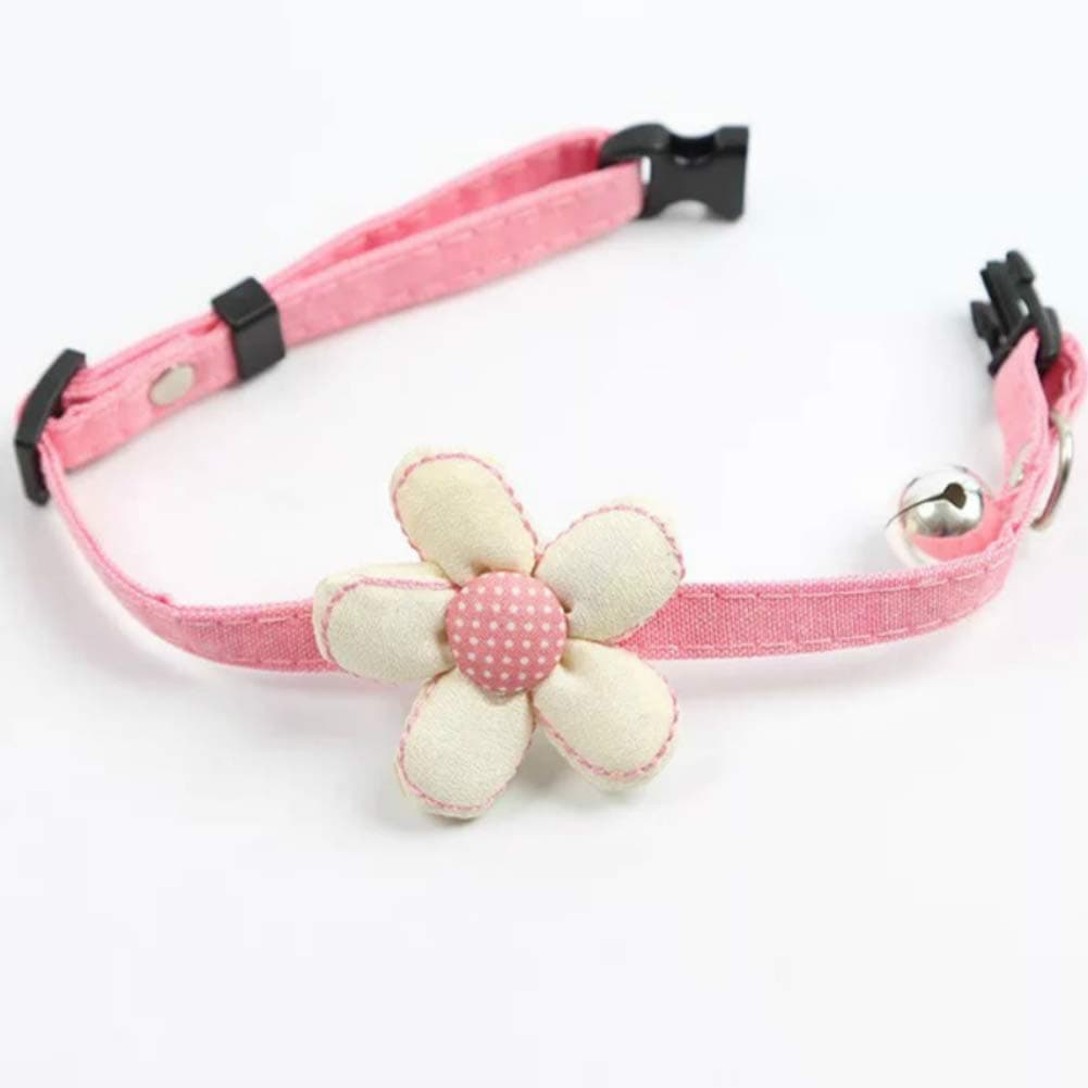 [Hello Genki Handmade] New Design Premium Quality Safe Cat Collar with Bell and Flower, Super Cute, Adjustable Length, Perfect Gift for Your Cat (Pink Collar with White Flower)