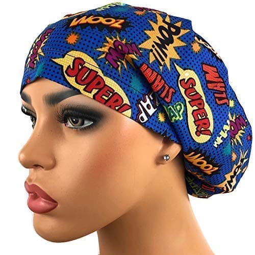 Blue Comics Adjustable Bouffant Scrub Hat Ponytail Cap Super Hero Words