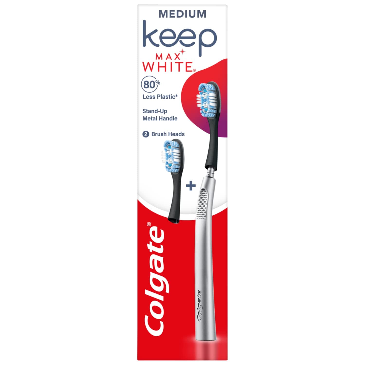 Keep 360 Max White Toothbrush Starter Pack - Replaceable Head Toothbrush - Reusable Metal Handle - 2X 360 Max White Toothbrush Replacement Heads - Stain Removing Cups