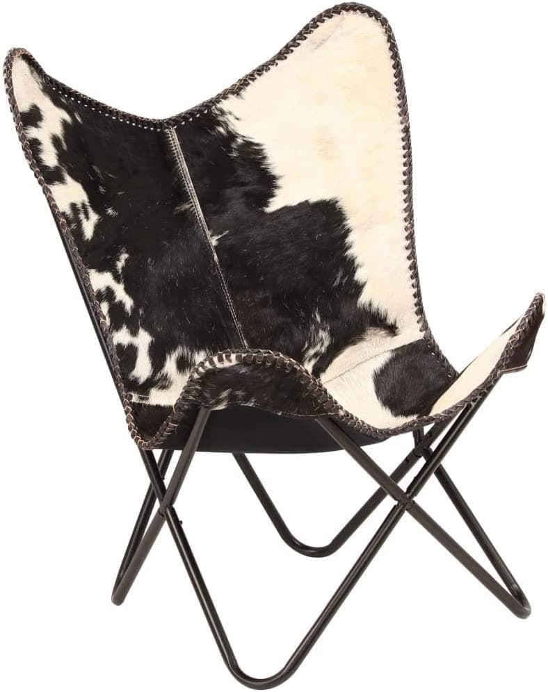 Orbit Art Gallery Handcrafted Leather Butterfly Chair with Original Hide Indian BKF Cowhide Cover Leather Cover Relaxing Chair with Free Wallet (Black n White) (Full Chair with Black Leg)