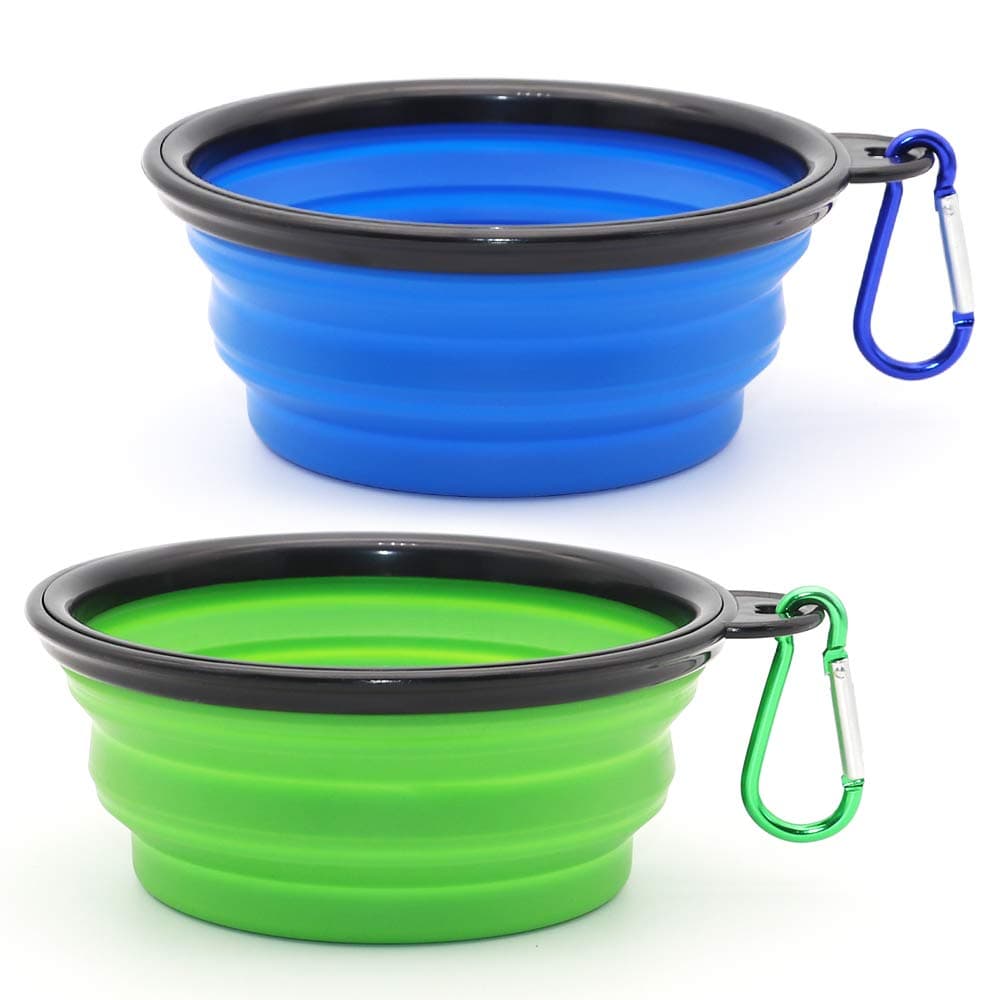 SLSON Dog Bowl Pet Collapsible Bowls, 2 Pack for Cats Dogs, Portable Pet Feeding Watering Dish for Walking Parking Traveling with 2 Carabiners (Small, Blue+Green)