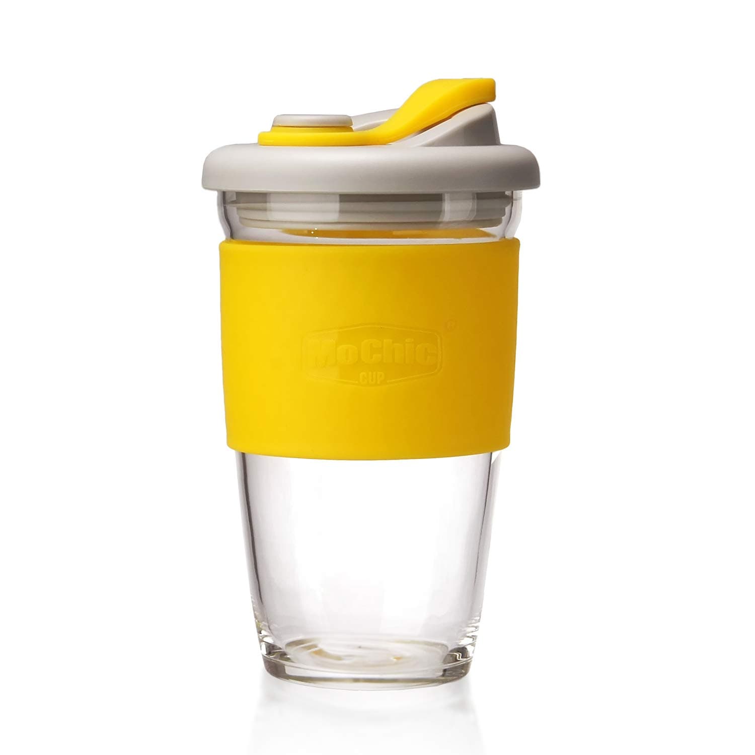 MOCHIC CUP Reusable Coffee Cup Glass Travel Mug with Lid and Non-slip Sleeve Dishwasher and Microwave Safe Portable Durable Drinking Tumbler Eco-Friendly and BPA-Free (Lemon Yellow,16 OZ)