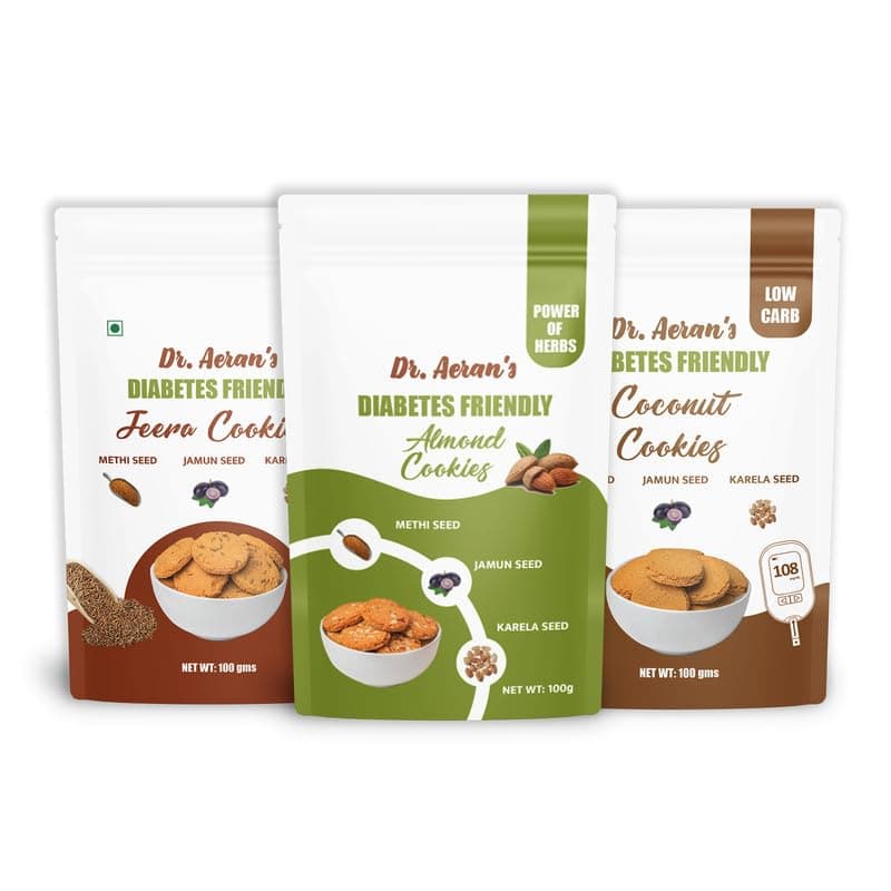 Dr Aeran’s Diabetes Friendly Cookies Almond, Jeera, Coconut (300gm) | Sugar Free Cookies for Diabetes | Low GL & Low Carbohydrate | Delicious Cookies | No Sugar Spikes | Sugar Free Biscuit