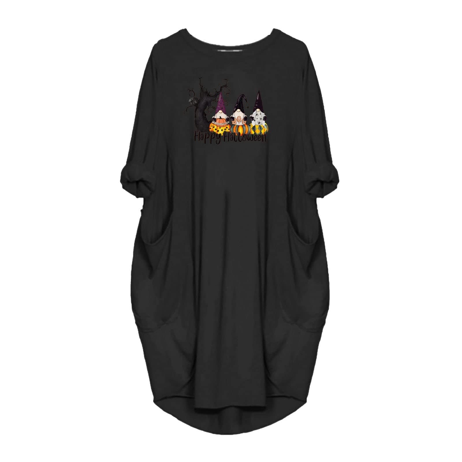 Halloween Dressing Women's Halloween Loose Dress Fun Graphic Print Crew Neck Two Pockets 3/4 Sleeve Dress Shirt Dress for Women Casual (Black