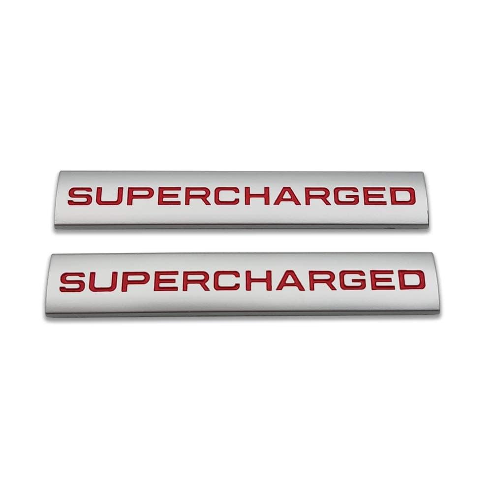 2X Metal Supercharged Logo Car Emblem Premium Auto Badge Rear Trunk Sticker Side Fender Decal (Silver&Red)