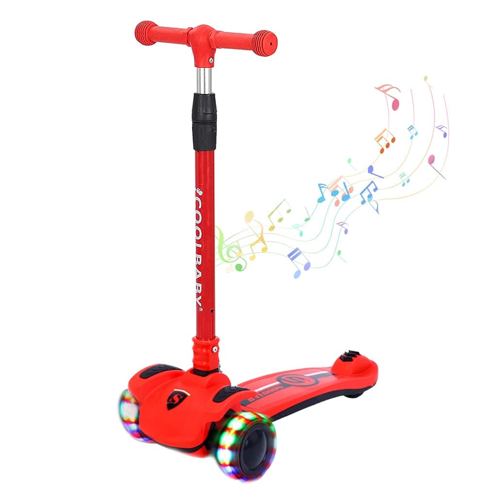 COOLBABY Kid's Scooter 3 Wheels Big Pedal Foldable Kick Scooter With Music, Height Adjustable With Led Light Wheels, Red