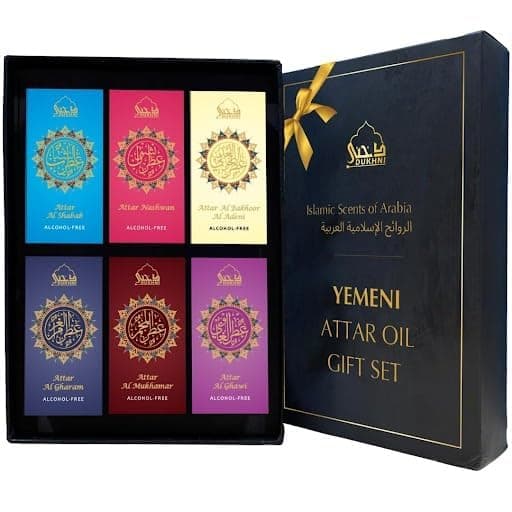 Yemeni Attar Oil Set | 6 Assorted Roll-On Perfume Oils | Handmade Heritage Arabian Oudh, Musk & Amber Fragrance Oils | Premium Non-Alcoholic scents for Parties & Hajj & Umrah Gifting