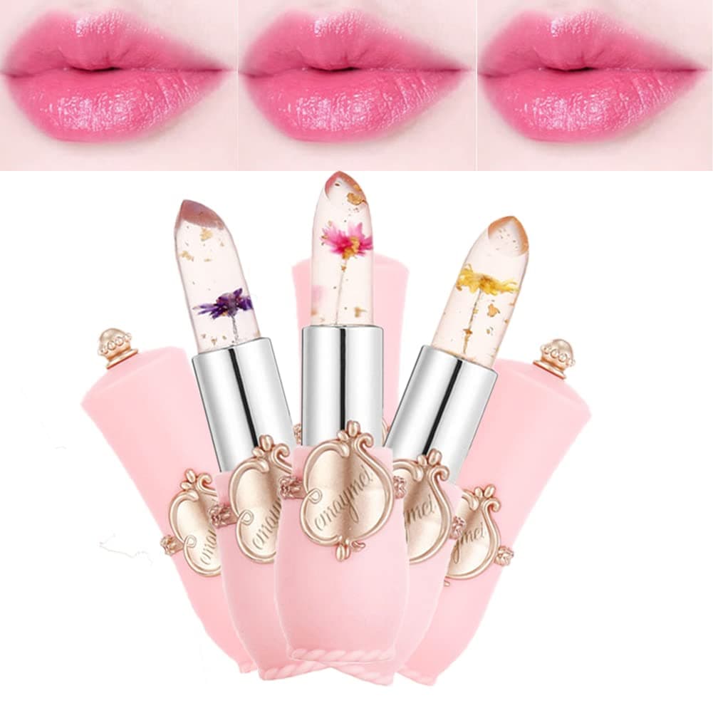 3Pcs Crystal Flower Jelly Lipstick Set,Magic Temperature Color Change Lip Gloss Long Lasting Clear Nutritious Moisturizer Lip Balm (Pink) (flower lipstick)