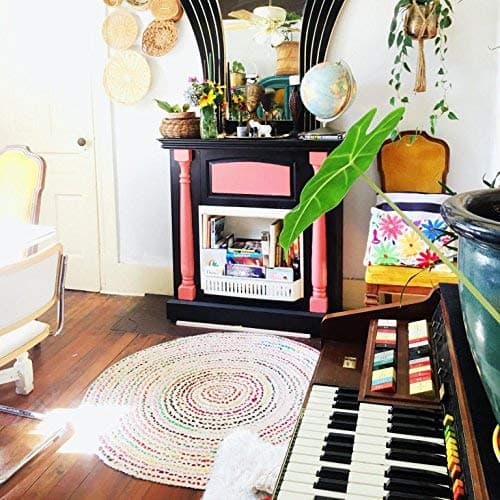 Outlavish Braided Round Jute & Cotton Area Rug Chindi Multicolor Handwoven Reversible (4 Feet, Beige & Multicolor)