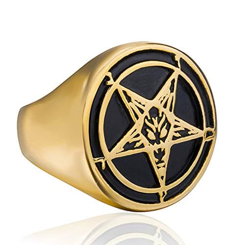 Elfasio Men Stainless Steel Rings Pentagram Baphomet Goat Satan Demon Devil Gold Ring Size 8-14