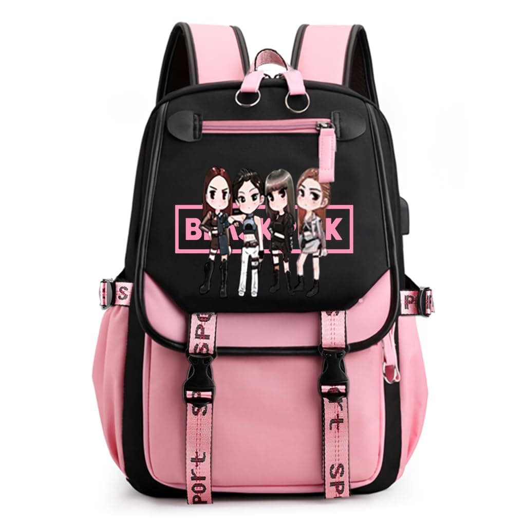 Black Pink Bag For Girls School Bag with USB Cable Jack Cute Backpacks Idol Print Design Laptop Backpack and Casual Backpack Student Accessories That can Hold 16.8 inches Books