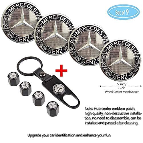 Fubai Auto Parts 4 Pack for Mercedes-Ben Wheel Center Caps Emblem-Black,56MM/2.22' Rim Hub Emblem Badge Sticker + 4 Pack KeychainValve Covers Fit +1Pack Keychain for Mercedes-Ben