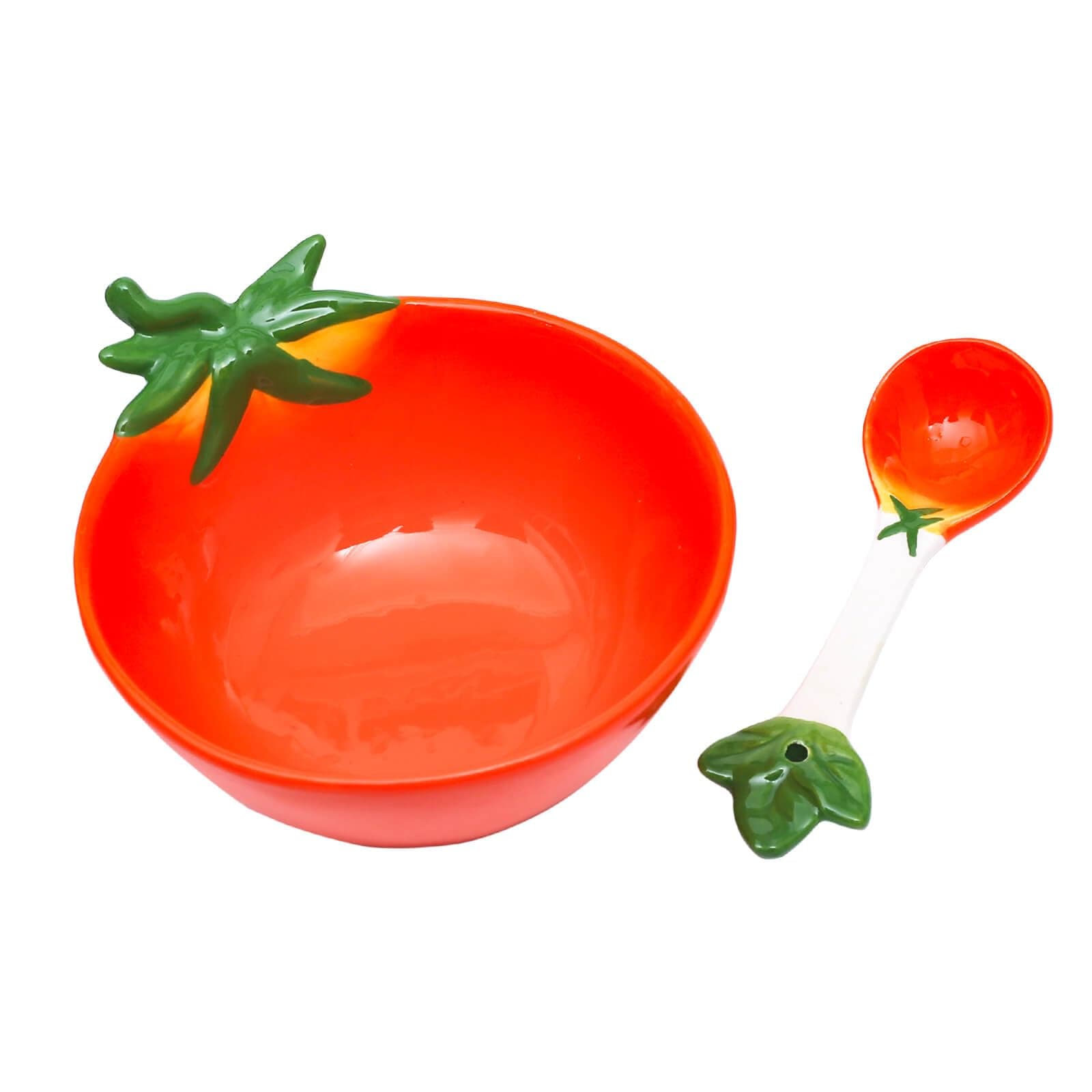 Ceramic Tomato Shape Dessert Bowl 12.6 oz., Creative Small Bowl with Spoon for Appetizer, Snacks, Salads, Yogurt, Side Dishes, 5.7" L x 5.1" W x 2.9" H