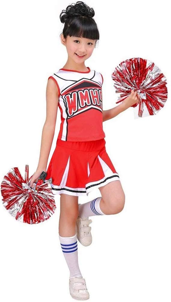 LOLANTAGirls' Cheerleading Costumes with Pompoms and Socks, Kids Musical Fancy Dress Up, Ceerleader Outfit Red/Purple/Pink/Yellow 4-13 Years