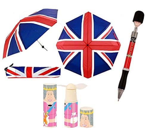 UNION JACK COMPACT UMBRELLA+QUEEN ELIZABETH FAN+LONDON GUARD PEN ALL WEATHER SET