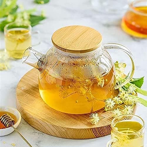 99SHOPPERS Enterprise Wooden Lid Glass Teapot/Carafes & Pitchers with Bamboo Lid (1000ml) Loose Leaf Tea Filter Spout Natural Flowering Tea Gift Set/Green Tea Pot (Pcs1)