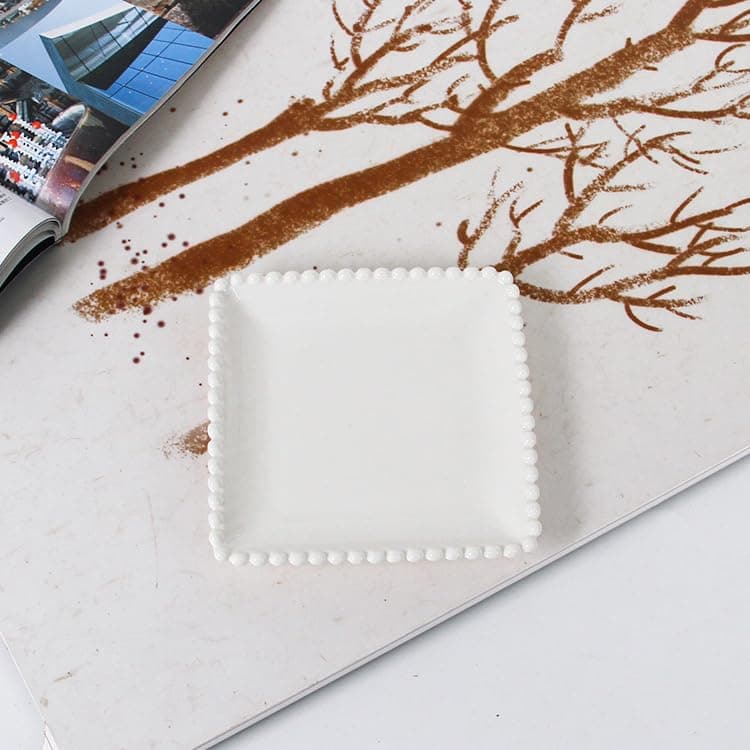 SHELLHAUSSHELLHAUS Ceramic Jewelry Tray with Handmade Pearl-edges, Decorative Trinket Tray, Square, Large Capacity, Gift for Women, Girls, Wedding, Housewarming - Crème/White (White)