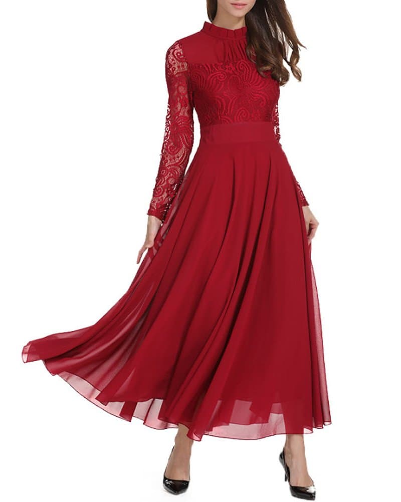 Aox Women Fashion Long Sleeve Crochet Lace A line Chiffon Maxi Dress Lady High Waist Party Bridesmaid Swing Skirt Skater Cocktail Vestidos Red 6/8 ( S )