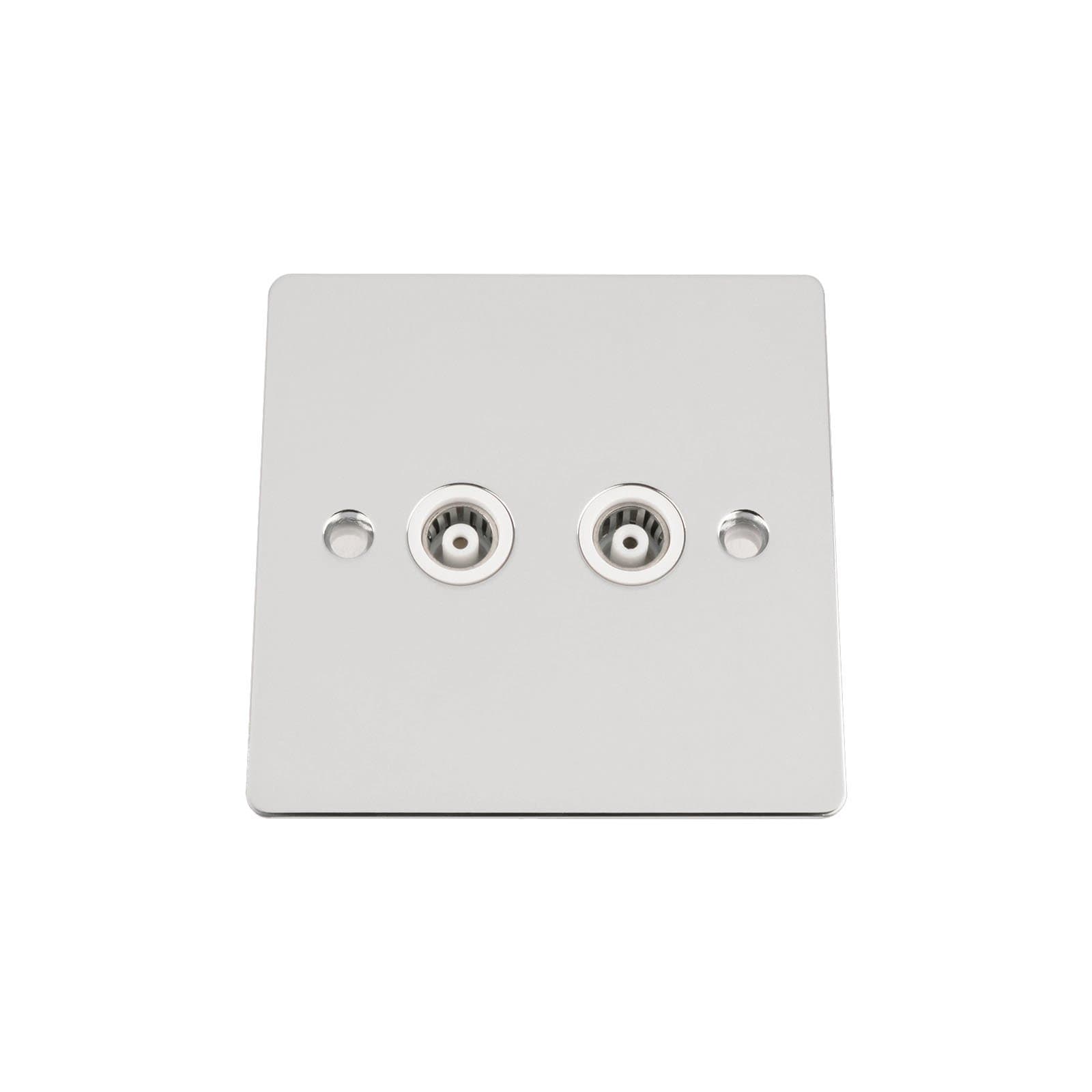 TV Coaxial Aerial Socket Double 2 Gang - Polished Chrome Flat - White Insert