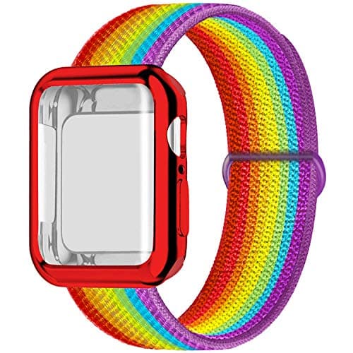 JuQBanke Compatible for Apple Watch Band 38mm 40mm 42mm 44mm iWatch Series 5 4 3 2 1 with Screen Protector Case, Sport Weave Strap with Hook and Loop Fastener Replacement Wristband, Rainbow