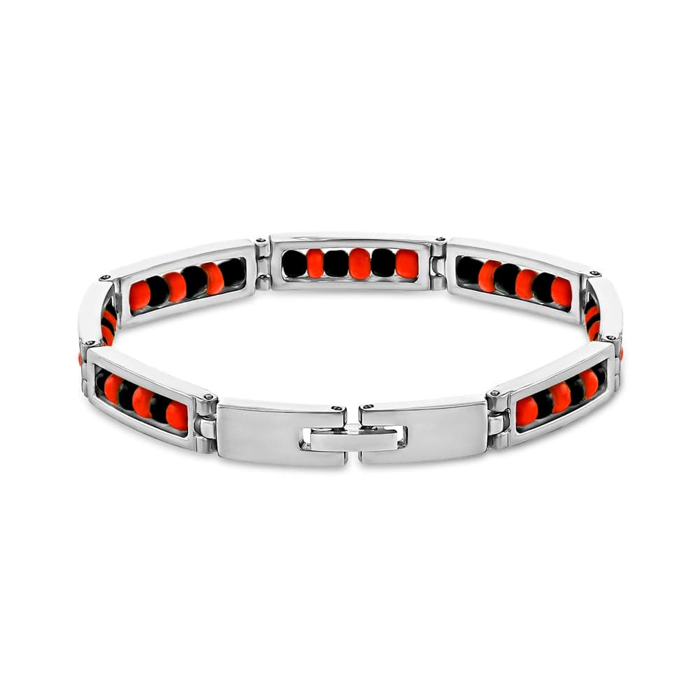 Stainless Steel Link Wristband Evil Eye Protection Beaded Elegua Bracelet - Red and Black Beaded Elegua Bracelet for Adult Men and Women - Elegua Protection Jewelry Gift