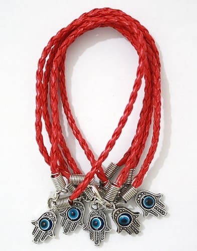 5 - "Lucky" HAMSA Kabbalah Bracelets with Red Braided String and Rotating "Evil Eye" Hamsa Hand - Jewish Judaica Amulet Pendant Jewelry