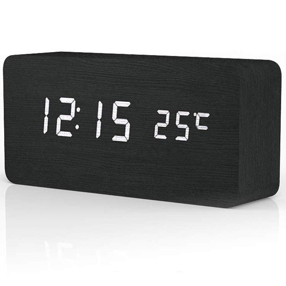 Rubik Wooden Digital Alarm Clock, Wood LED Adjustable Brightness Voice Control Desk Wooden Alarm Clock with Date/Temperature and USB/Battery Powered for Home, Office, Kids, Black and White