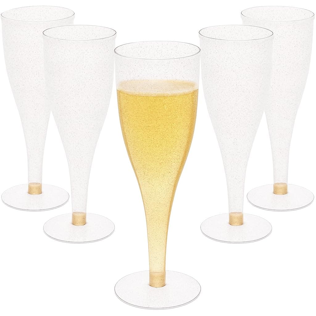 30 Disposable Champagne Flutes - 4.5 oz Gold Glitter Plastic Cups for Parties - Elegant Toasting Glasses - Perfect for Weddings, Engagements, Mimosa Bars, Thanksgiving, Christmas, New Year’s Eve