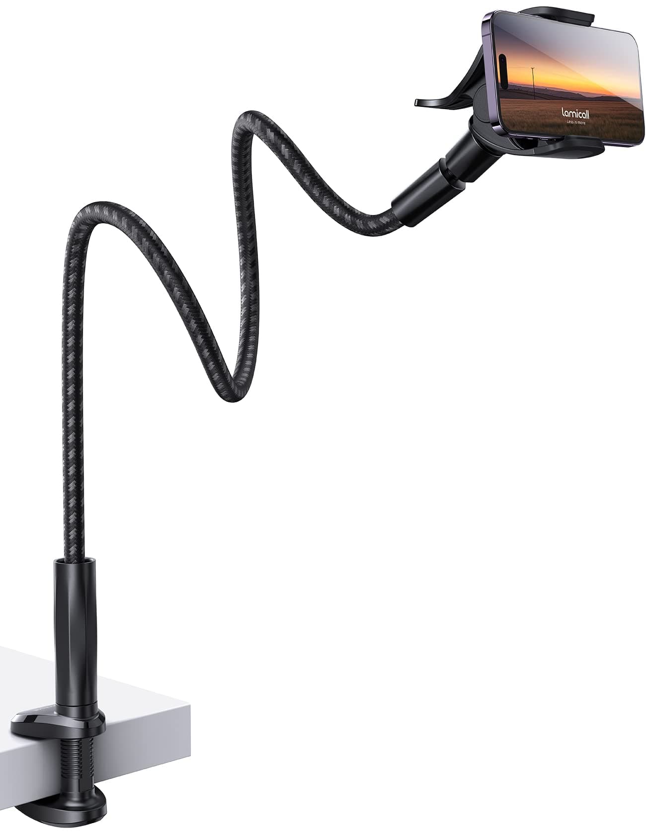 - Lamicall Gooseneck Phone Holder Bed - [Nylon Braided] Flexible Arm, 38inch Overall Length, 360 Adjustable Clamp Clip, Overhead Cell Phone Mount Stand for Bed, Desk, 4-7” Cellphone, Gifts