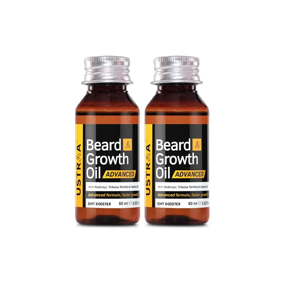 Ustraa Beard Growth Oil Advanced - 2 x 60ml - Lab Tested to increase Beard Growth rate by 40%, With Redensyl and DHT Booster, No Sulphates, No Parabens, No Silicone, No Mineral Oil (Set of 2)