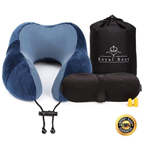 Royal Rest Ergonomic Memory Foam Travel Pillow with Sleep Mask Earplugs Carry Bag Velour Cover