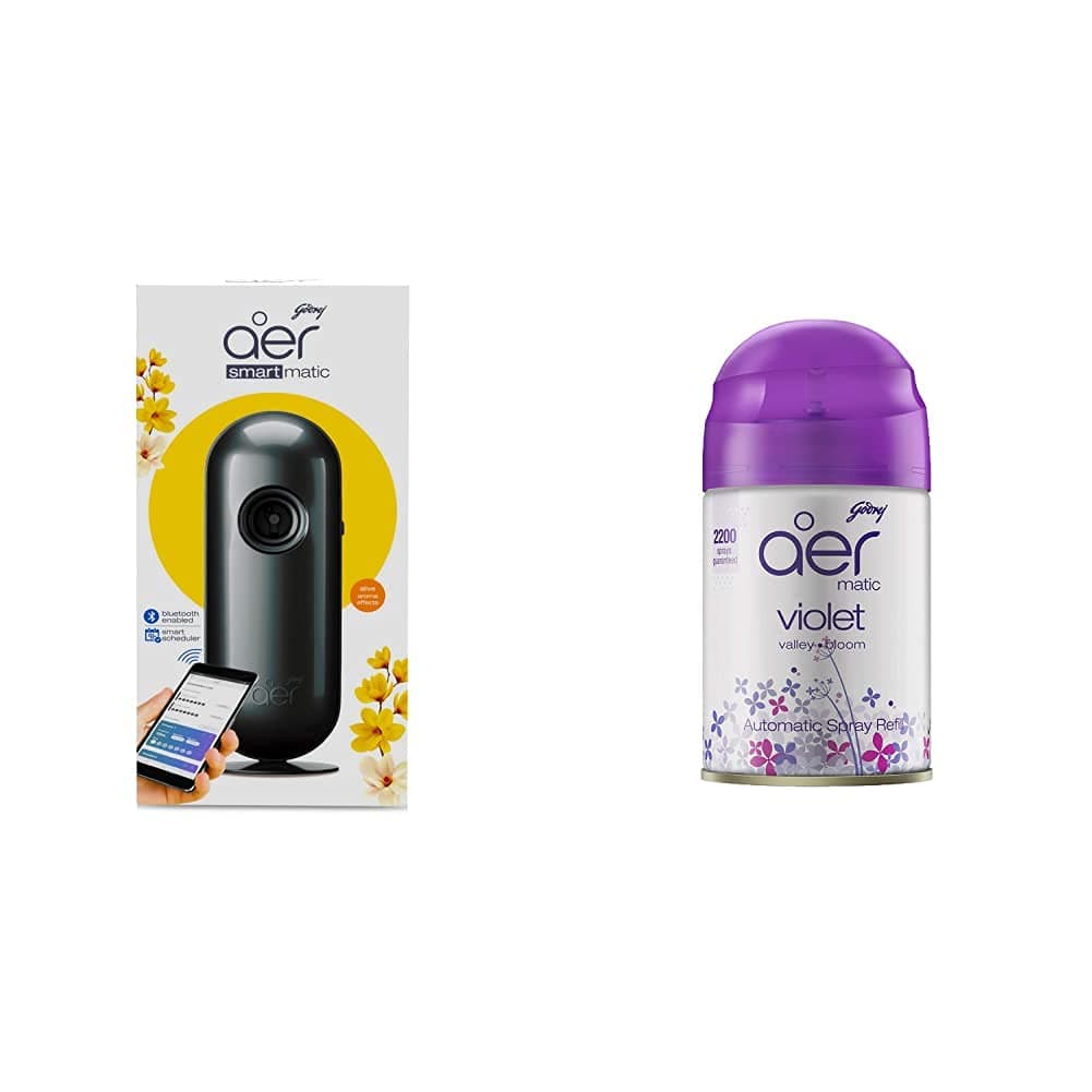 Godrej aer Smart Matic - Bluetooth Enabled Automatic Air Freshener Kit, Alive 225Ml (134G) & Automatic Air Freshener Refill Pack - Violet Valley Bloom, Spray